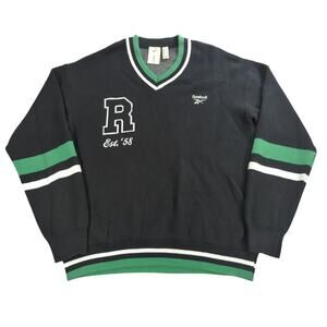 Reebok x Forever 21 Men’s S Sweater Black Green Striped Varsity V Neck Pullover